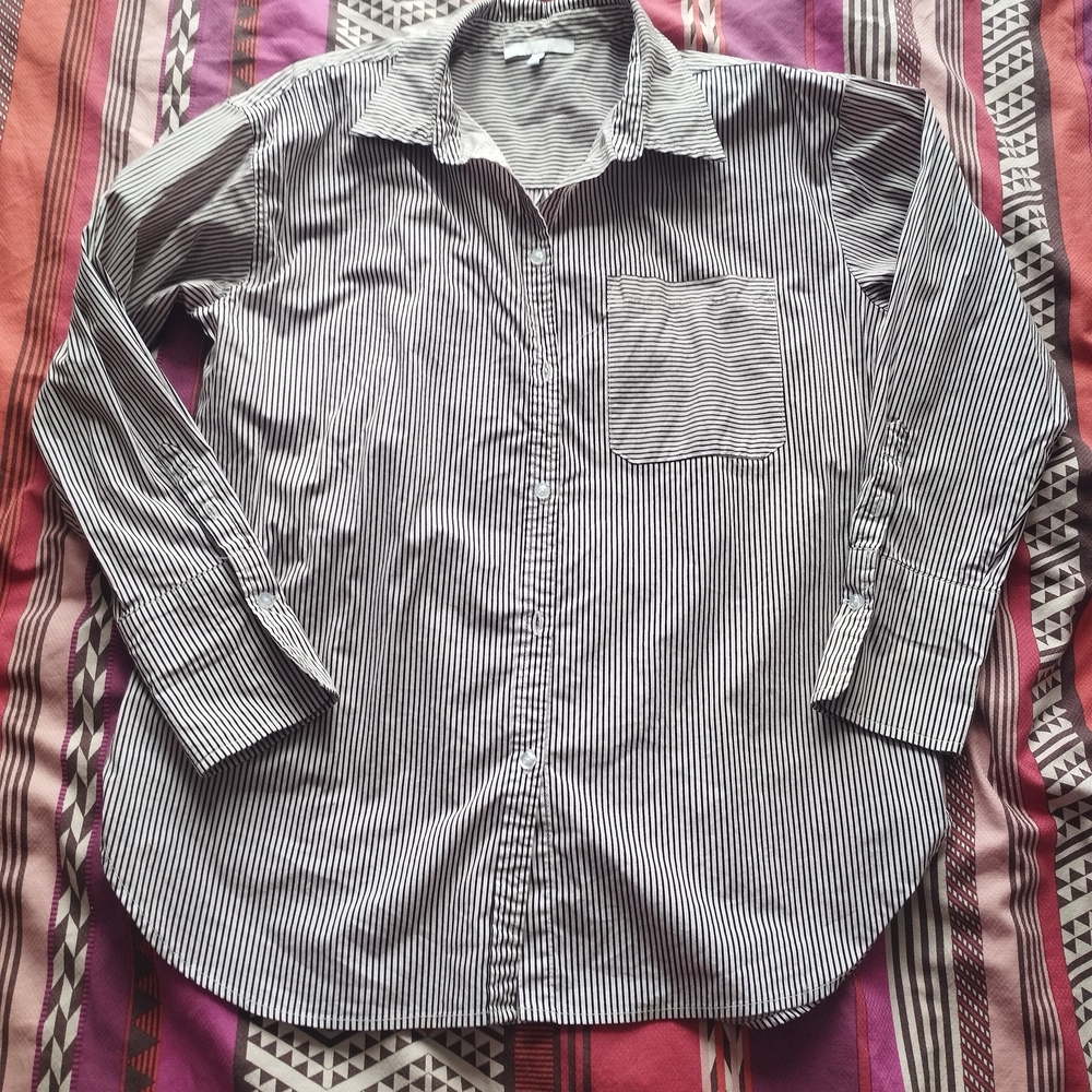 Women's Black and White Striped Button Down Shirt